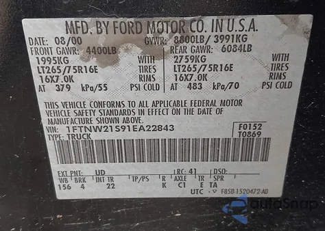 2001 Ford F-250 Lariat/Xl/Xlt from USA, damaged, VIN 1FTNW21S91EA22843